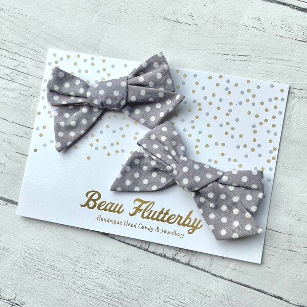 Grey & White Polkadot Print Fabric Hair Bow Clips