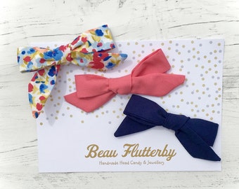 Trio of Floral, Navy & Blush Cotton Fabric Hair Bow Clips
