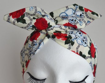 Rockabilly Pin Up Red and White Skull Rose Dolly Bow Wire Headband