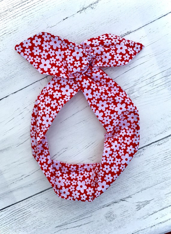 Red with white heart print Rockabilly Pin up wire headband