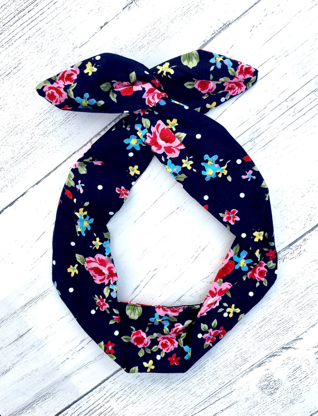 Rockabilly Pin up Navy Pink Rose Print Cotton Dolly Bow Wire Headband ...