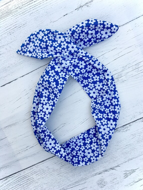 Navy blue with white flamingo print wire rockabilly Pin up headband hair wrap