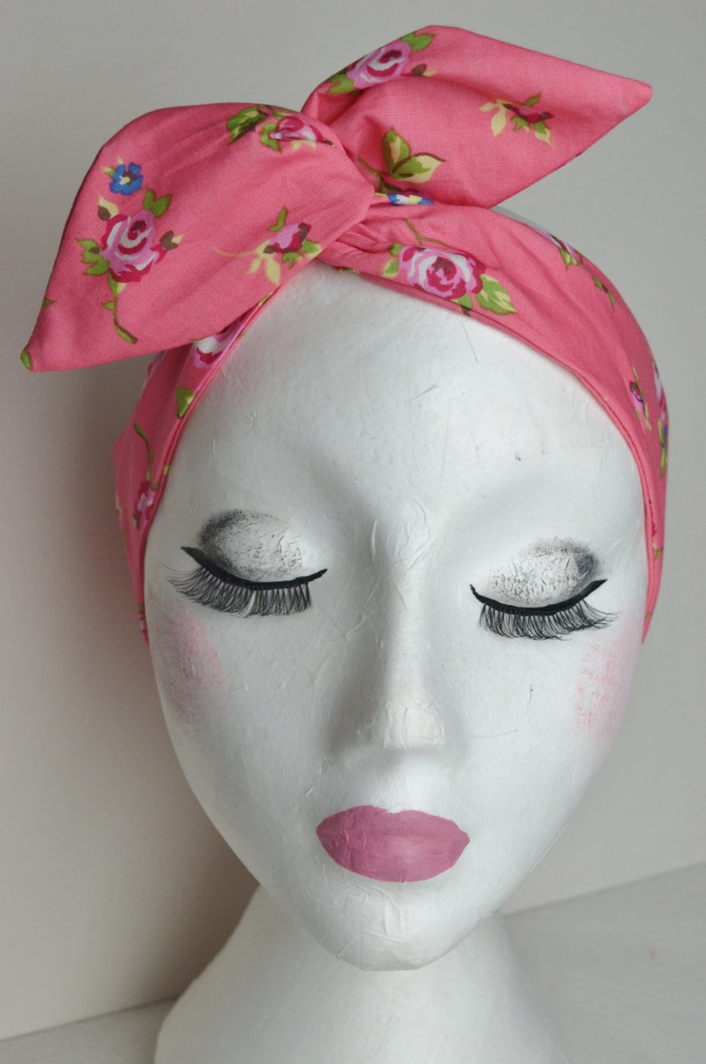 Rockabilly Pin Up Bright Coral Pink Rose Floral Dolly Bow Wire Twist Headband image 1