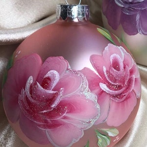 Hand painted extra large pink rose on glass Christmas ornament