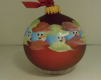 Hand painted snowman family of five on glass christmas ornament