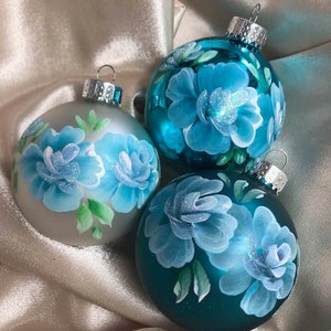 Hand painted large blue rose on glass Christmas ornament