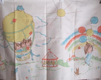 80's Betsey Clark, Twin Flat Sheet & Pillowcase, "Town Fair", Dan River, 2 pieces