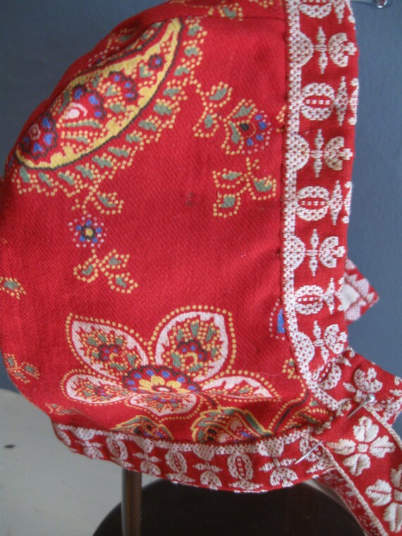 Antique Red Calico Baby/Doll Bonnet