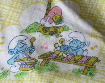Vintage Baby Smurfs, "Musical Parade", Yellow Fitted Crib Sheet, Flannel.