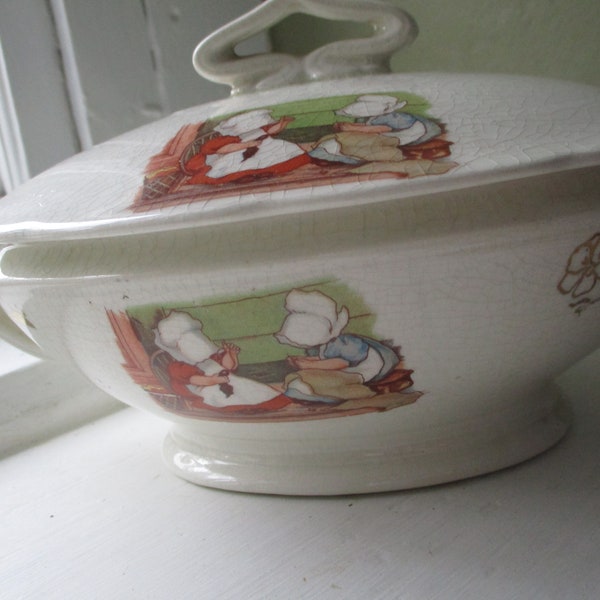 Antique Child's Porcelain Tea Set Covered Dish, Sunbonnet Babies