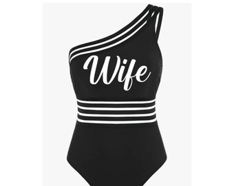 Honeymoon Wife Bride White & Black Sexy Bathing Suit Swimsuit Swimwear Beach Pool Summer Engagement Bridal Wedding Shower Gift Bachelorette