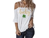 St Patricks Day White Off the Shoulder Cold Shoulder Strap Short Sleeve Shirt S M L XL 2XL - Green Glitter Shamrock