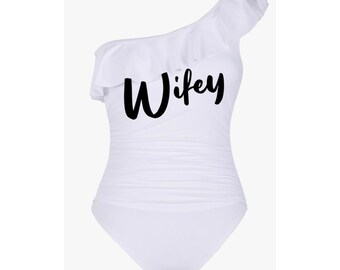 Honeymoon Bride Wifey White & Black Sexy Bathing Suit Swimsuit Swimwear Beach Pool Summer Engagement Bridal Wedding Shower Gift Beach Wife