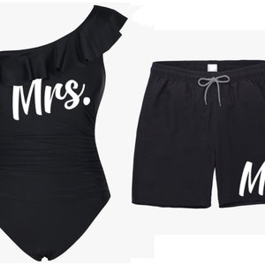 Honeymoon Bride & Groom Mr. Mrs. Matching Black and White Bathing Suit Swimsuit Swimwear Engagement Bridal Wedding Shower Gift Wife Husband