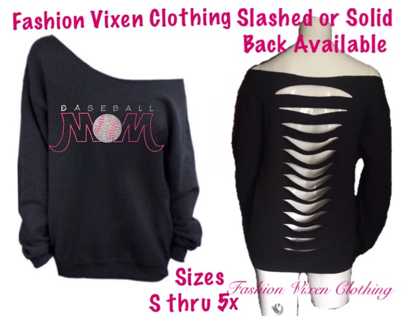 Rhinestone Baseball Mom Off the Shoulder Long Sleeve Sweatshirt Slashed or Solid Back S M L XL Plus Size 1x 2x 3x 4x 5x