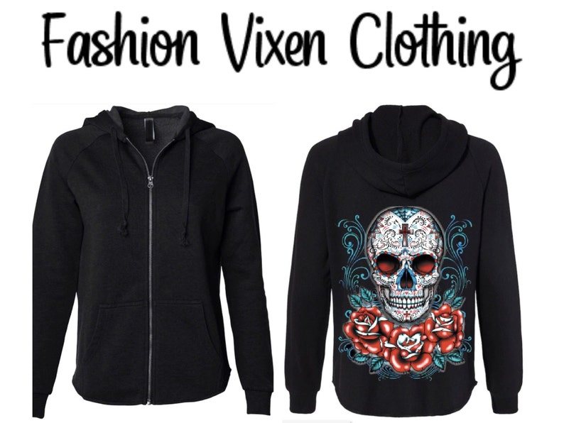 Womens Zip Up Hoodie Sweatshirt Jacket, Day of the Dead Skull Shirt image 1