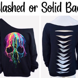 Womens Off the Shoulder Sweatshirt, Slashed Back Sweatshirt, Cut Up Sweatshirt, Sweatshirt Tunic,Womens Sexy Sweatshirt, Melting Skull Shirt