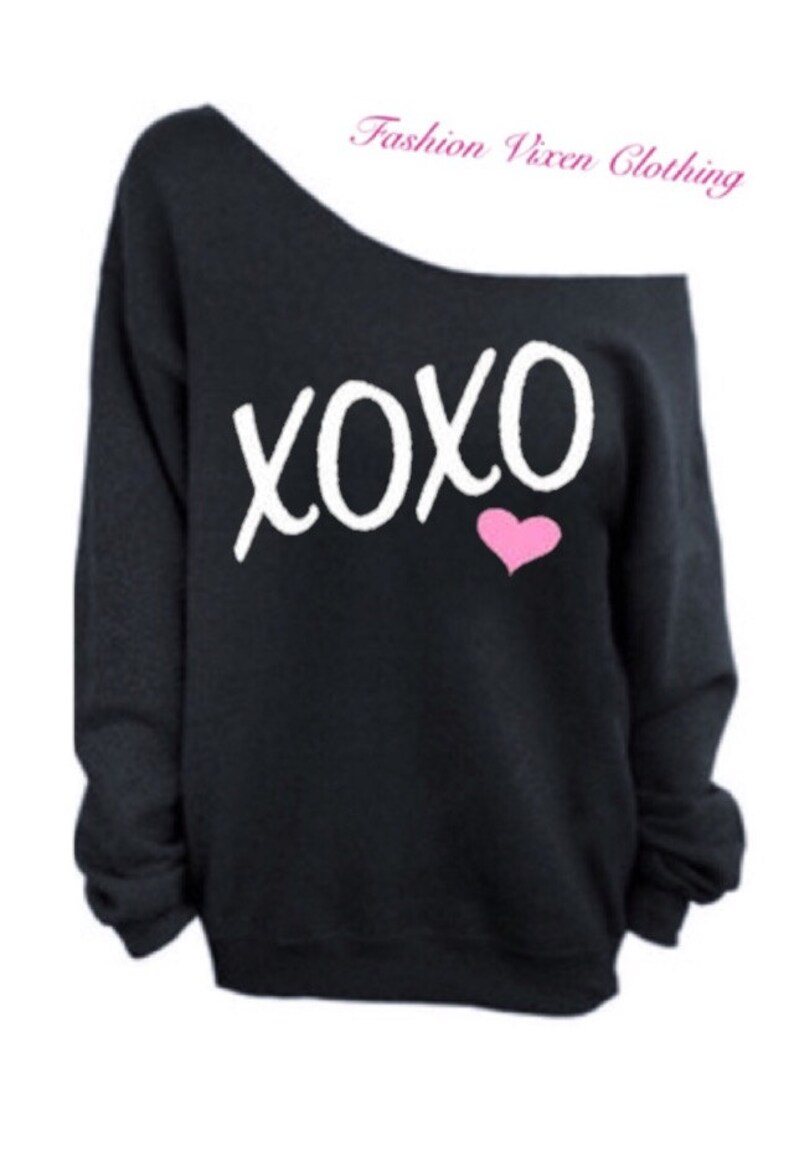 Valentine/'s Day XOXO Heart Off the Shoulder Black Sweatshirt slashed or solid back XS S M L XL Plus Size 1x 2x 3x 4x 5x