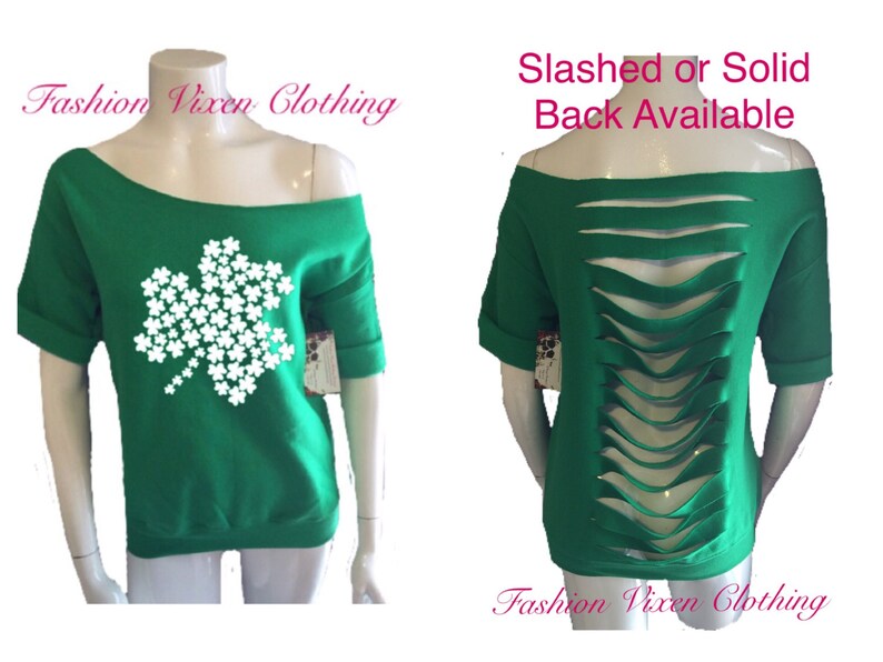 St Patrick/'s Day Three Leaf Clover Green Slashed or Solid Back Off the Shoulder Short Sleeve Sweatshirt XS S M L XL Plus Size 1x 2x 3x 4x 5x