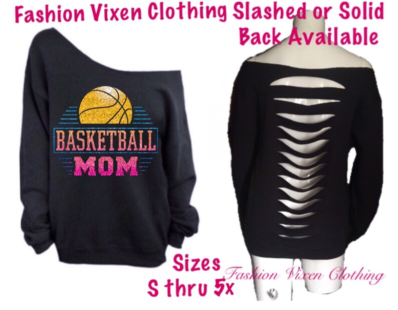 Glitter Basketball Mom Off the Shoulder Long Sleeve Sweatshirt Slashed or Solid Back S M L XL Plus Size 1x 2x 3x 4x 5x