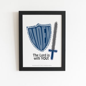 Sword and Shield Bible Verse Word Art Print with Joshua 1:9 and Hebrews 4.12, Personalized Name Gift for Christian Teens, Biblical Artwork