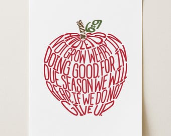 Christian Teacher Appreciation Gift, Galatians 6:9 Wall Art Print, Let Us Not Grow Weary, Scripture Bible Verse Word Art, Teacher Apple Art