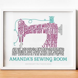 Proverbs 31 Personalized Sewing Room Decor Gift for Sewer and Quilter, Sewing Machine Scripture Wall Art, Gift for Mom and Grandma