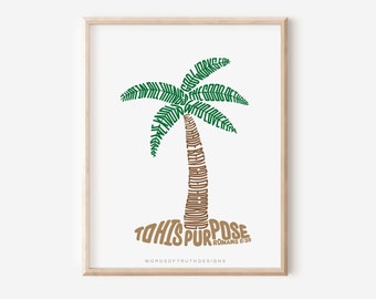 Palm Tree Christian Artwork, Romans 8:28 Scripture Bible Verse Word Art, Coastal Religious Wall Decor, Palm Tree Art Print for Beach Lover