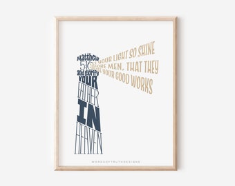Matthew 5:16 Biblical Wall Art, Nautical Nursery Wall Art Print, Let Your Light Shine Lighthouse Beach House Decor, FRAME NOT INCLUDED