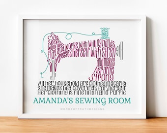 Proverbs 31 Personalized Sewing Room Decor Gift for Sewer and Quilter, Sewing Machine Scripture Wall Art, Gift for Mom and Grandma