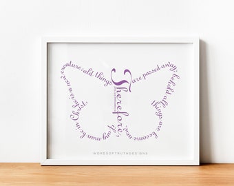 Butterfly Wall Art Decor, 2 Corinthians 5:17 Scripture Bible Verse Wall Art, New Believer or Baptism Gift for Girl, FRAME NOT INCLUDED