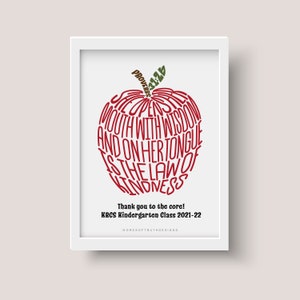 Proverbs 31 Christian Teacher Appreciation Gift, Personalized Wall Art Print, Scripture Bible Verse Word Art, Bible Verse Teacher Apple Art