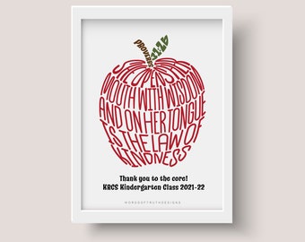 Proverbs 31 Christian Teacher Appreciation Gift, Personalized Wall Art Print, Scripture Bible Verse Word Art, Bible Verse Teacher Apple Art