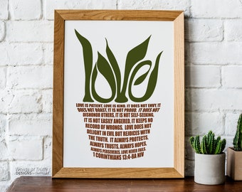 1 Corinthians 13 Love Chapter Botanical Wall Art Print, Scripture Bible Verse Word Art, Ephesians 4 Succulent Print, Plant Lover Gift