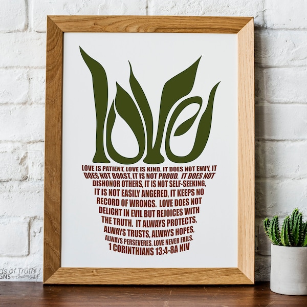 1 Corinthians 13 Love Chapter Botanical Wall Art Print, Bible Verse Word Art, Ephesians 4 Succulent Print, Plant Lover Gift NO FRAME
