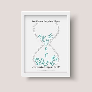 Jeremiah 29:11 Plans I Have for You Modern Christian Art, Hourglass Scripture Bible Verse Word Art Print, Graduation Gift Teal