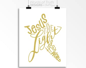 DIGITAL Gold Star Scripture Bible Verse Word Art Print, John 8:12 Jesus is the Light of the World, Hand Lettered Gold Christmas Wall Decor