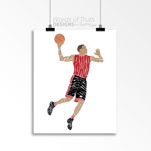 Puede incluir: Una silueta de jugador de baloncesto hecha de palabras, en rojo, negro y dorado, con un balón de baloncesto en la mano. Las palabras incluyen "power", "game", "believe" y "win". El texto "Words of Truth Designs by Christina Connor" está en la parte superior de la imagen.