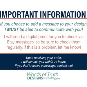 Puede incluir: Un cuadro de texto azul y blanco con las palabras "&iexcl;INFORMACI&Oacute;N IMPORTANTE!" en negrita, en negro. El cuadro de texto contiene informaci&oacute;n sobre c&oacute;mo comunicarse con el vendedor si desea agregar un mensaje a su dise&ntilde;o. El cuadro de texto tambi&eacute;n indica que el vendedor se pondr&aacute; en contacto con usted dentro de las 24 horas posteriores a la recepci&oacute;n de su pedido. El cuadro de texto est&aacute; sobre un fondo blanco con un logotipo azul y blanco en la parte inferior.