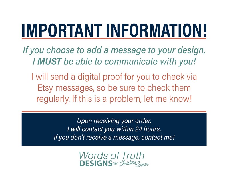Puede incluir: Un cuadro de texto azul y blanco con las palabras "&iexcl;INFORMACI&Oacute;N IMPORTANTE!" en negrita, en negro. El cuadro de texto contiene informaci&oacute;n sobre c&oacute;mo comunicarse con el vendedor si desea agregar un mensaje a su dise&ntilde;o. El cuadro de texto tambi&eacute;n indica que el vendedor se pondr&aacute; en contacto con usted dentro de las 24 horas posteriores a la recepci&oacute;n de su pedido. El cuadro de texto est&aacute; sobre un fondo blanco con un logotipo azul y blanco en la parte inferior.