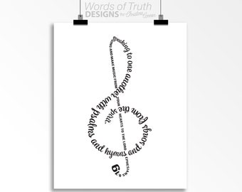 Escritura imprimible digital de Efesios 5:19 en clave de sol, ideal como regalo para amantes de la música o profesores, decoración para estudio de música cristiana o regalo para coro.