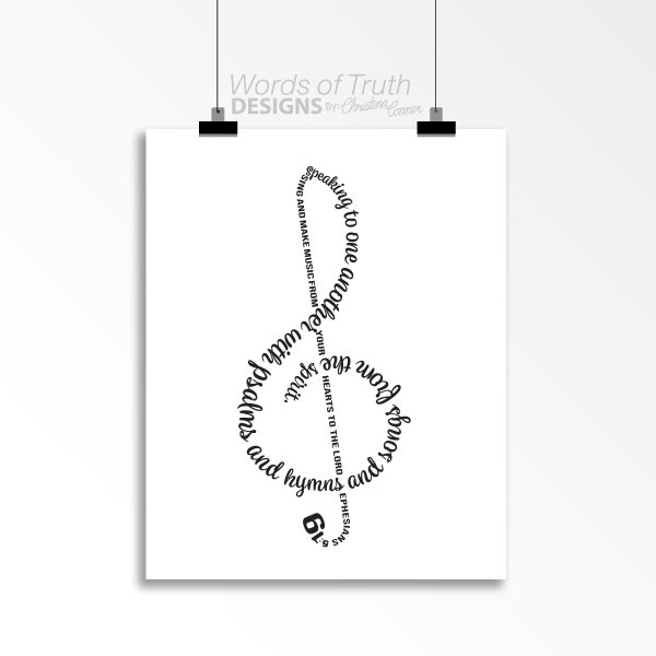 DIGITAL Music Treble Clef Scripture Print, Ephesians 5:19 Music Lover or Teacher Gift, Christian Music Studio Decor, Choir Gift