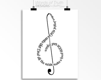 May include: Black and white typography design of a treble clef with the words "make a joyful noise unto the Lord all the earth; make a loud noise and rejoice" arranged around the clef.