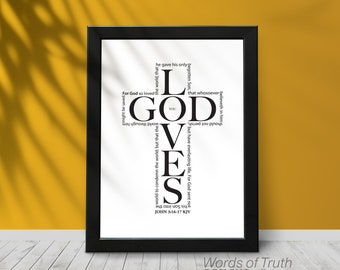 John 3:16 Cross Modern Christian Art, For God So Loved The World Scripture Wall Decor Gift for Pastor Office, New Believer Gift,  KJV