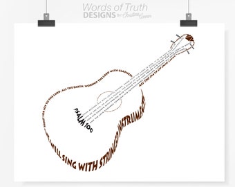 Impresión digital de versículos bíblicos de guitarra, Salmo 100, ideal como regalo para profesores de música o líderes de adoración, decoración de estudio de música cristiana.