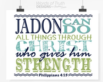DIGITALE Personalisierte Philipper 4:13 Schrift Wort Kunst druckbar, I Can Do All Things BibelVers Name Kunst für Junge Sportler, Taufgeschenk