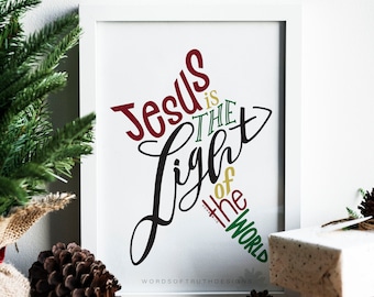 Christmas Star Bible Verse Word Art Print, Christmas Gift Print, Scripture John 8:12 Jesus is the Light of the World