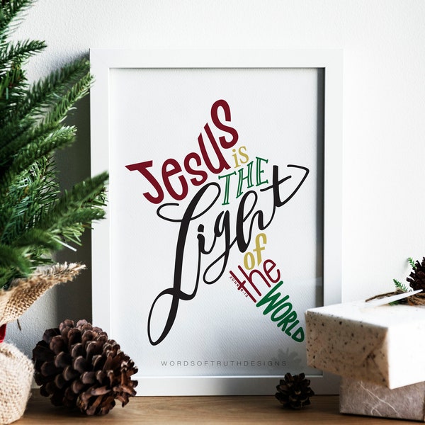 Christmas Star Bible Verse Word Art Print, Christmas Gift Print, Scripture John 8:12 Jesus is the Light of the World