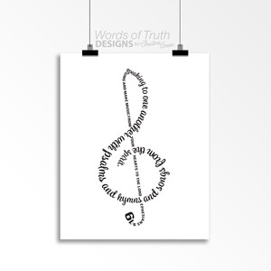 Puede incluir: Impresi&oacute;n de arte de tipograf&iacute;a en blanco y negro con un dise&ntilde;o de clave de sol. El texto dice "Hablando unos a otros con salmos e himnos y c&aacute;nticos espirituales, cantando y haciendo m&uacute;sica en vuestros corazones al Se&ntilde;or." Efesios 5:19.