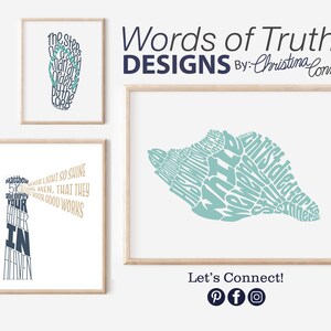 May include: Three framed prints with typography designs. The top print features a blue and green footprint with the text "The Steps of a Good Man are Ordered by the Lord". The middle print features a blue and gold lighthouse with the text "Matthew 5:16 Let your light so shine before men, that they may see your good works". The bottom print features a blue and green seashell with the text "White, Christ died for sinners".